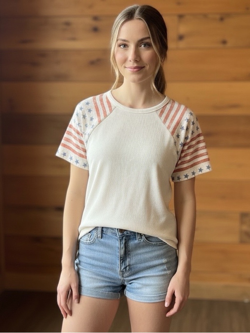 NWT Hopely Small Lightweight Ribbed Crewneck Stars & Striped Sleeves Top